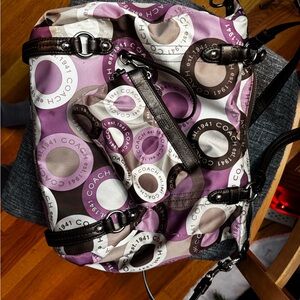 Coach Purple and Brown Circular Print Bag with matching wristlet